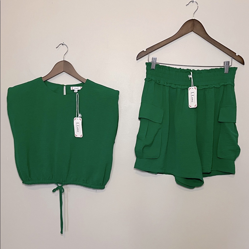 NWT L Love Boutique Matching Set Shorts‎ Sleeveless Top Blouse Large Kelly Green